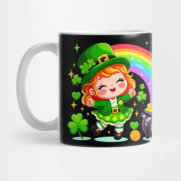 A cute Irish Lassie dancing an Irish jig celebrates St Patrick's Day with a rainbow pot of gold and shamrocks Irish Pride Irish American four leaf clovers Irish dance by Tees 4 Thee